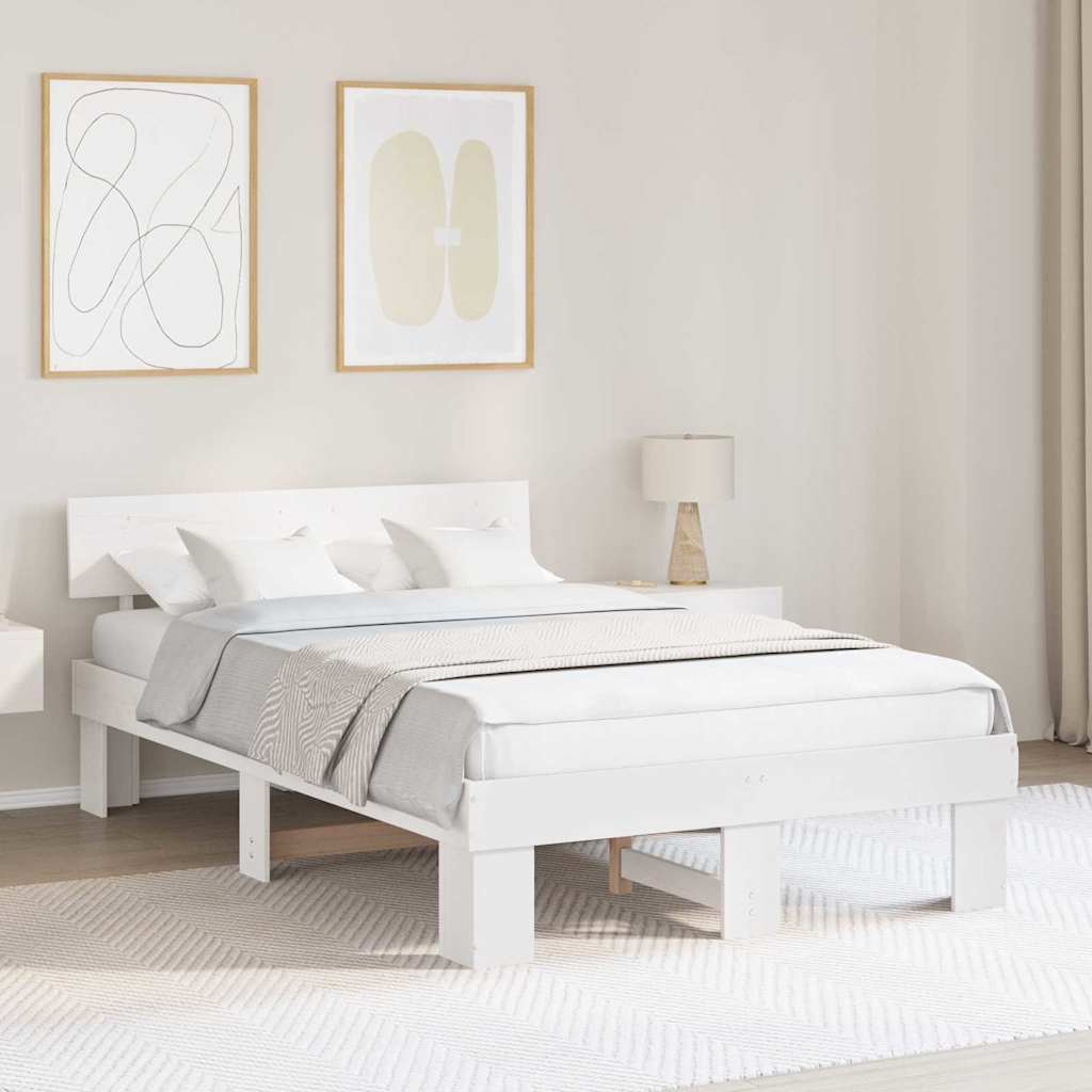 vidaXL Ramka łóżka Z zagłówkiem Biały 135 x 190 cm Lite drewno sosnowe