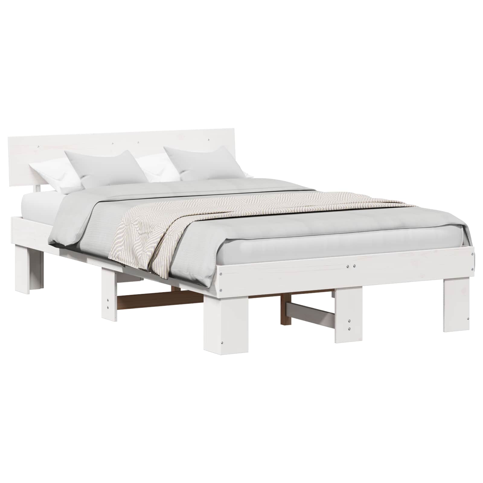 vidaXL Ramka łóżka Z zagłówkiem Biały 135 x 190 cm Lite drewno sosnowe