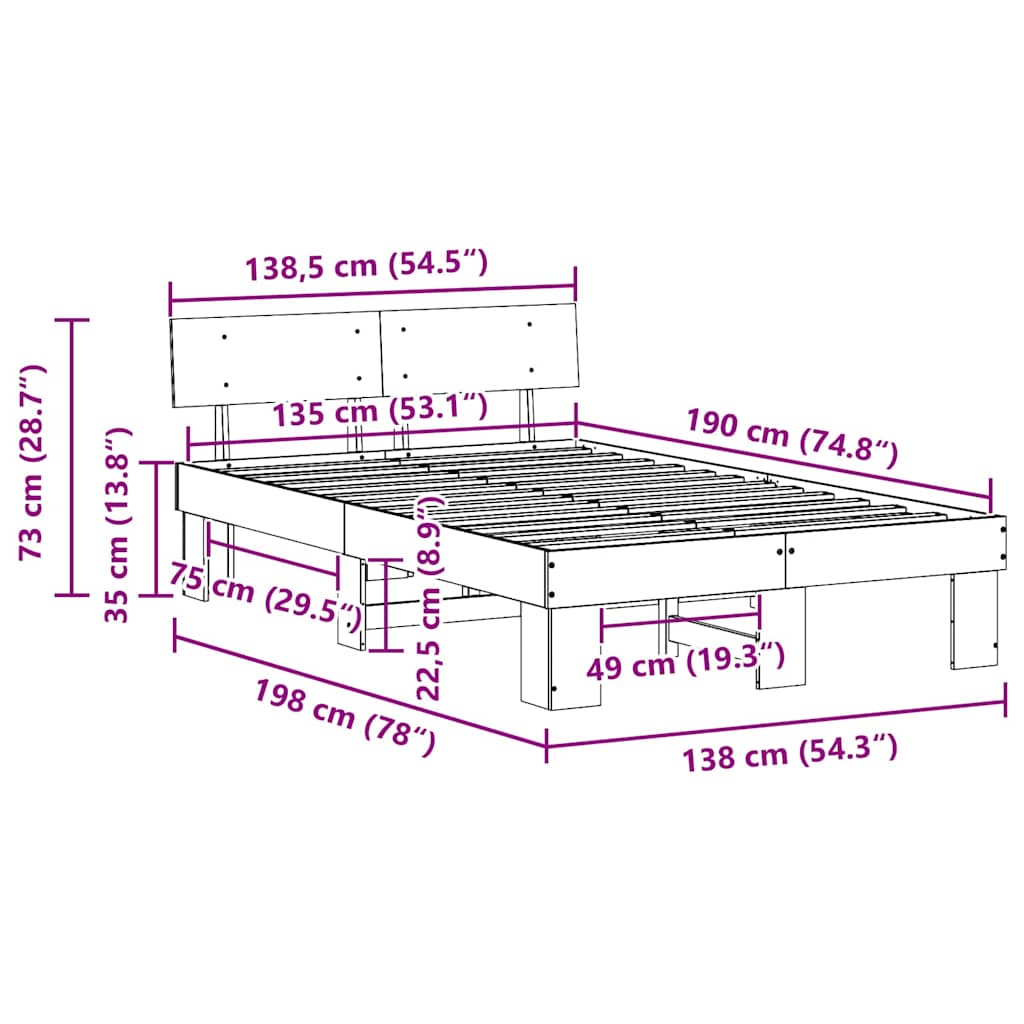 vidaXL Ramka łóżka Z zagłówkiem Biały 135 x 190 cm Lite drewno sosnowe