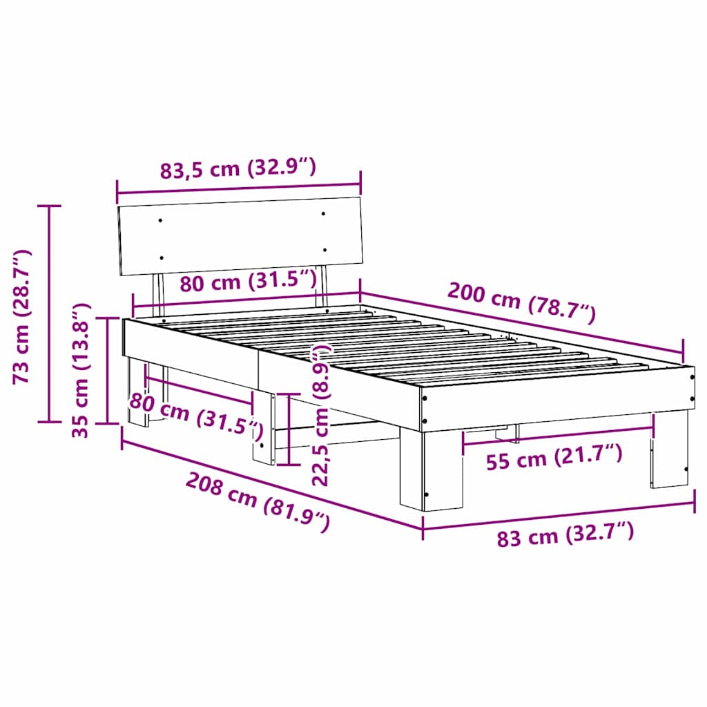 vidaXL Ramka łóżka Woskowy Brąz 80 x 200 cm Lite drewno sosnowe