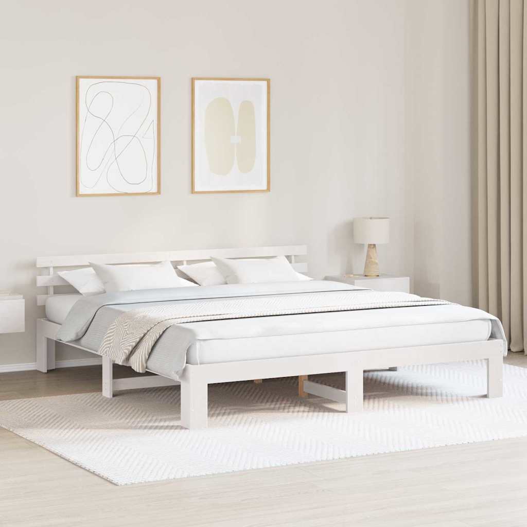 vidaXL Ramka łóżka Z zagłówkiem Biały 200 x 200 cm Lite drewno sosnowe