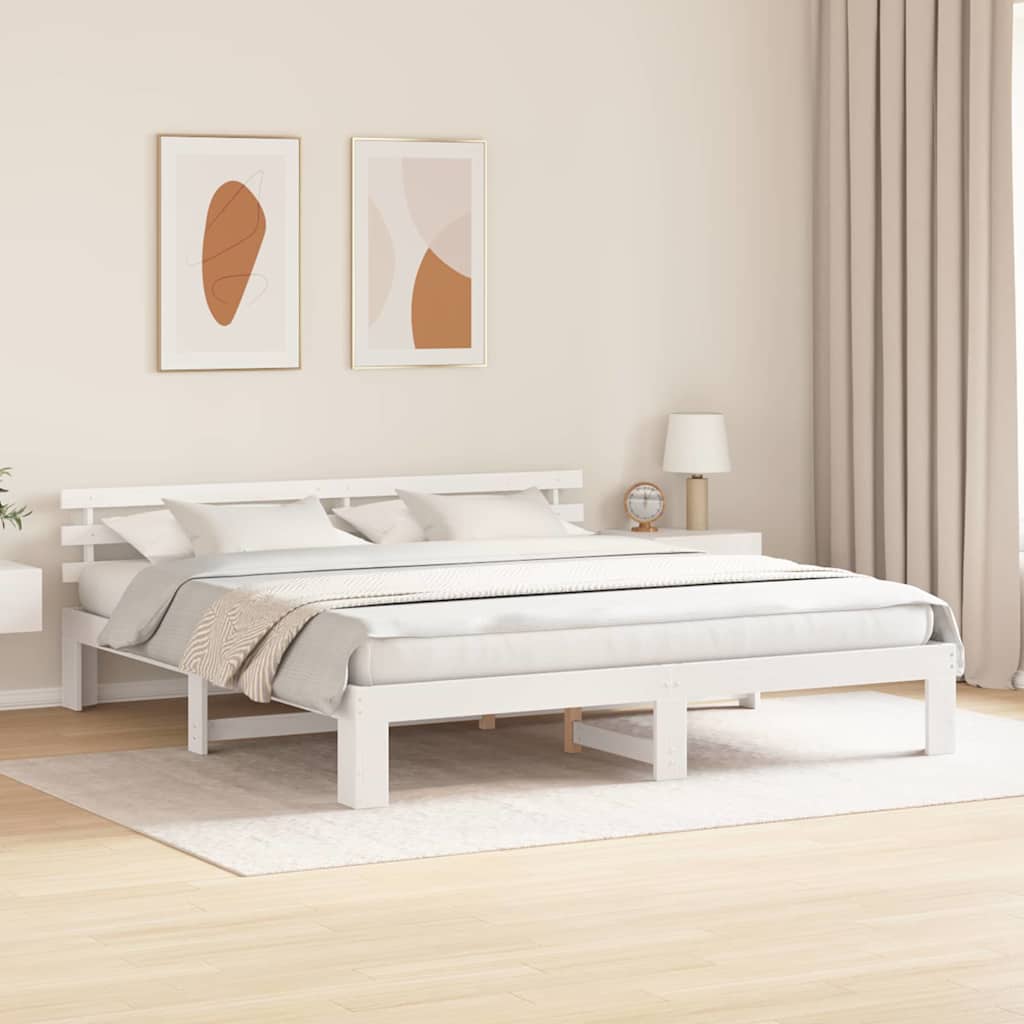 vidaXL Ramka łóżka Z zagłówkiem Biały 200 x 200 cm Lite drewno sosnowe