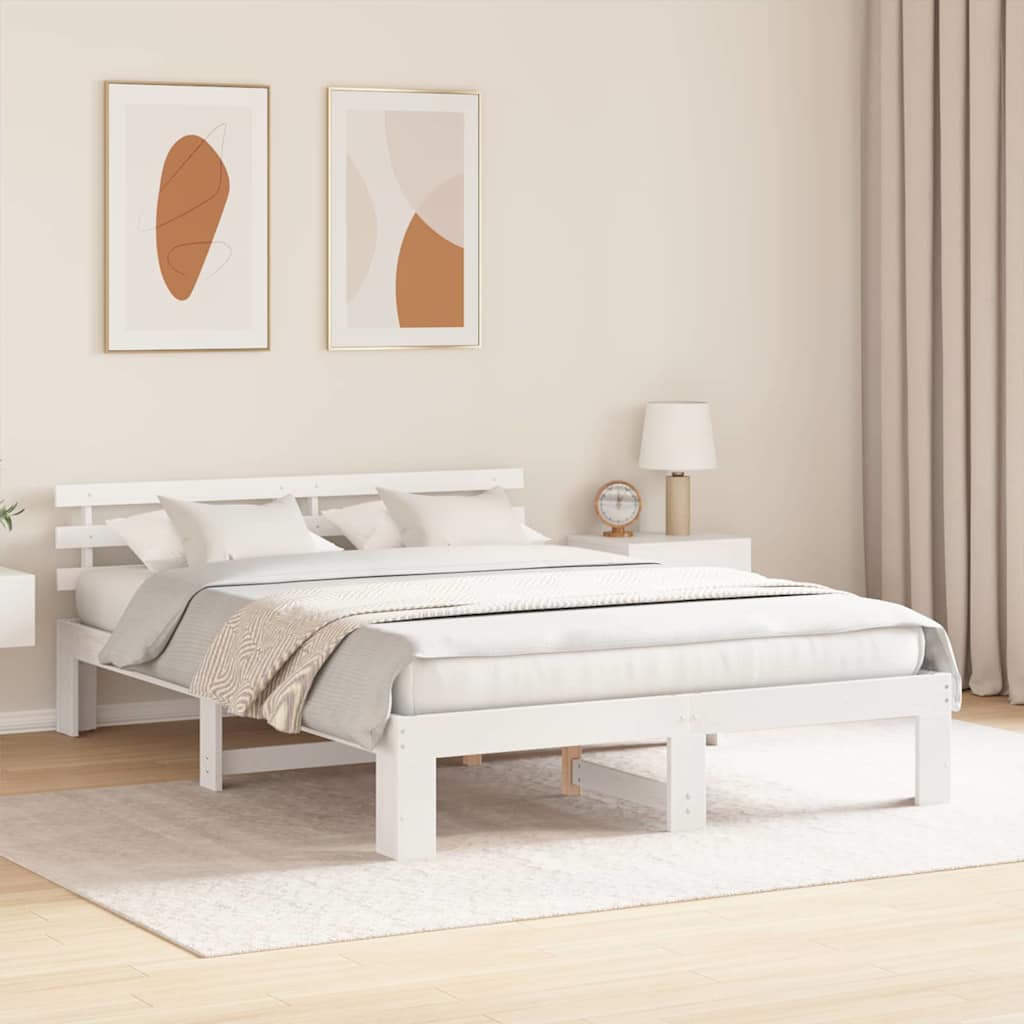 vidaXL Ramka łóżka Z zagłówkiem Biały 150 x 200 cm Lite drewno sosnowe