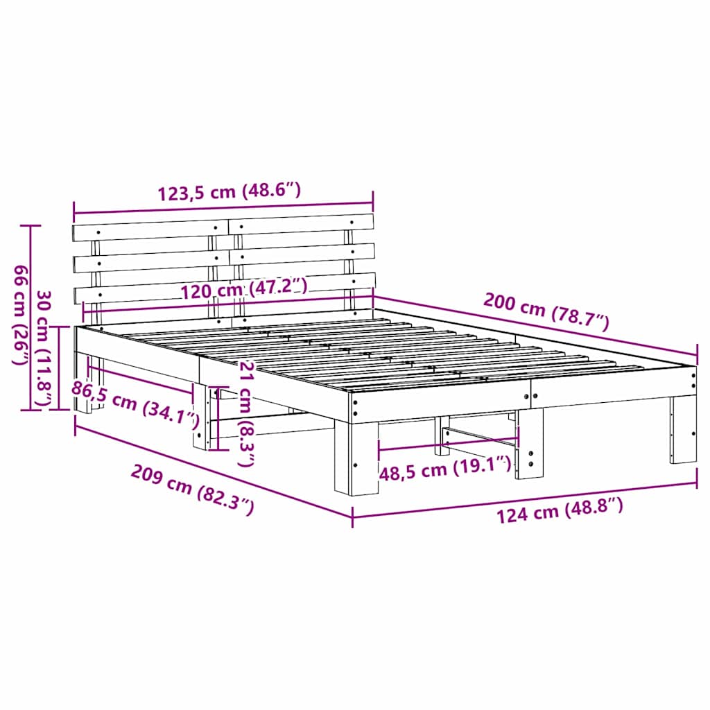 vidaXL Ramka łóżka Naturalny 120 x 200 cm Lite drewno sosnowe