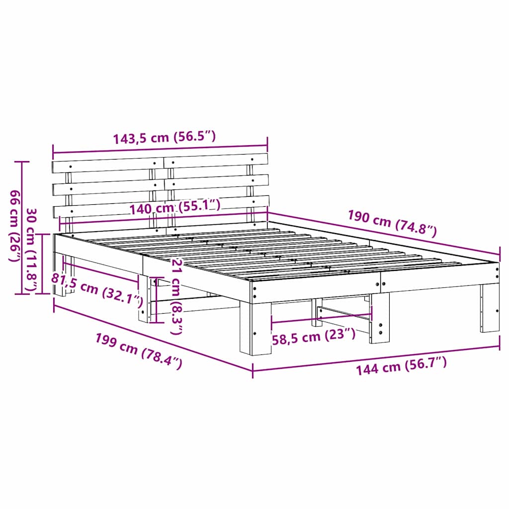 vidaXL Ramka łóżka Z zagłówkiem Biały 140 x 190 cm Lite drewno sosnowe