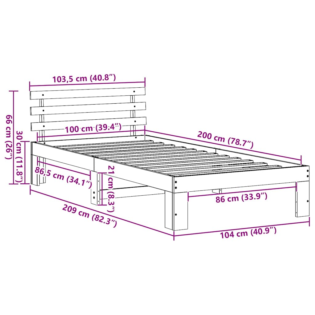 vidaXL Ramka łóżka Z zagłówkiem Biały 100 x 200 cm Lite drewno sosnowe