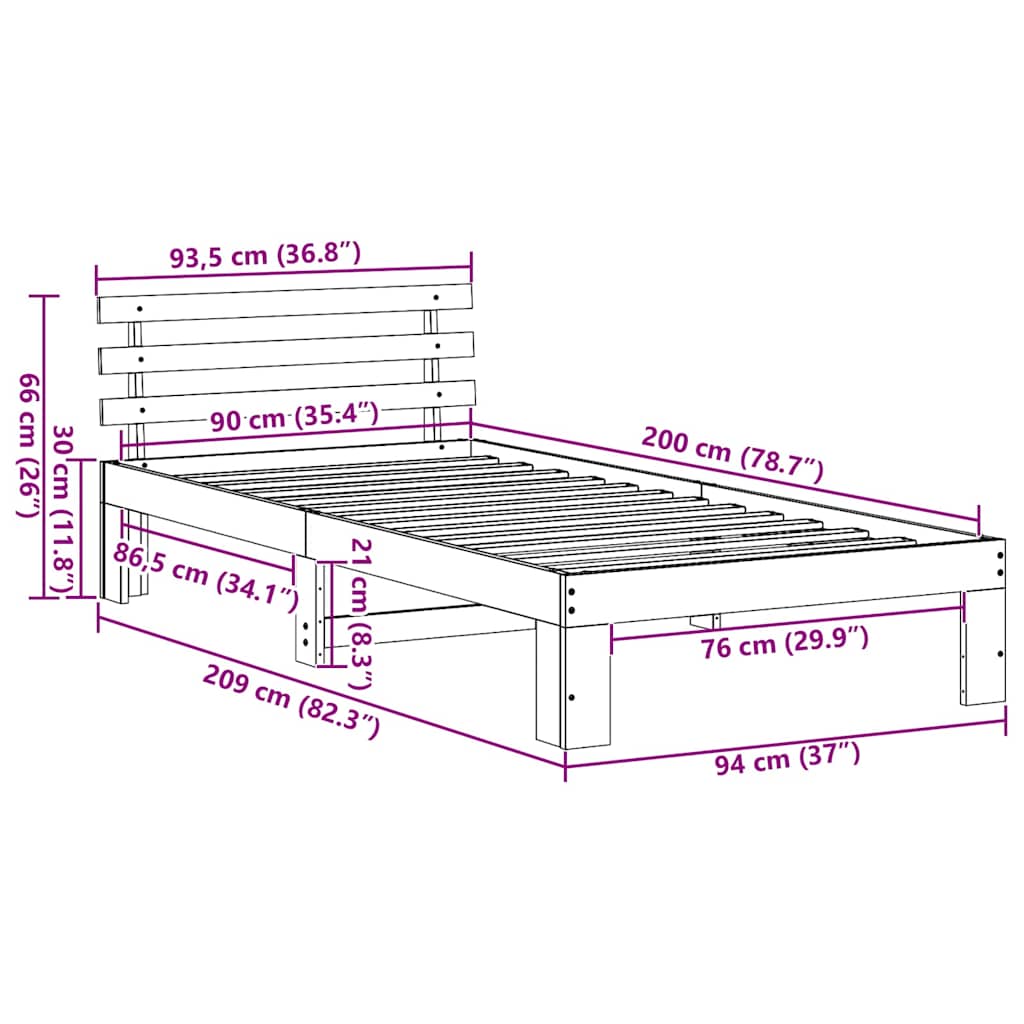 vidaXL Ramka łóżka Naturalny 90 x 200 cm Lite drewno sosnowe