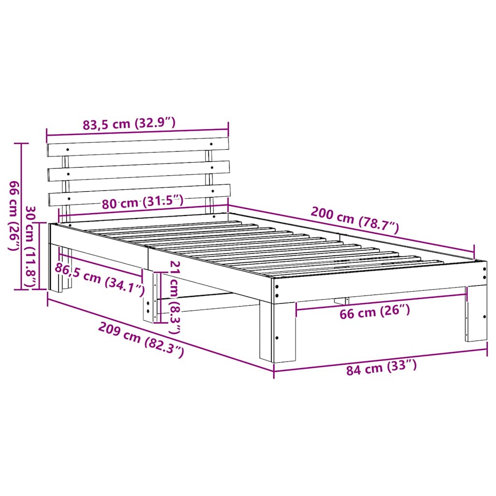 vidaXL Ramka łóżka Naturalny 80 x 200 cm Lite drewno sosnowe