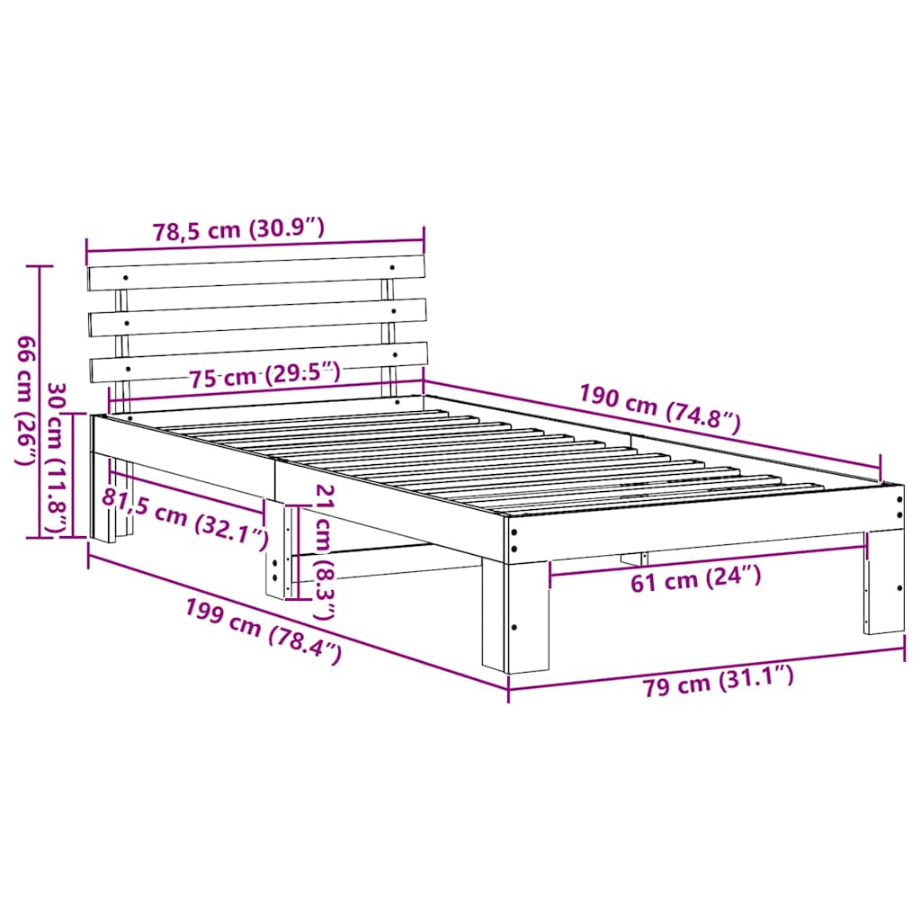 vidaXL Ramka łóżka Z zagłówkiem Biały 75 x 190 cm Lite drewno sosnowe