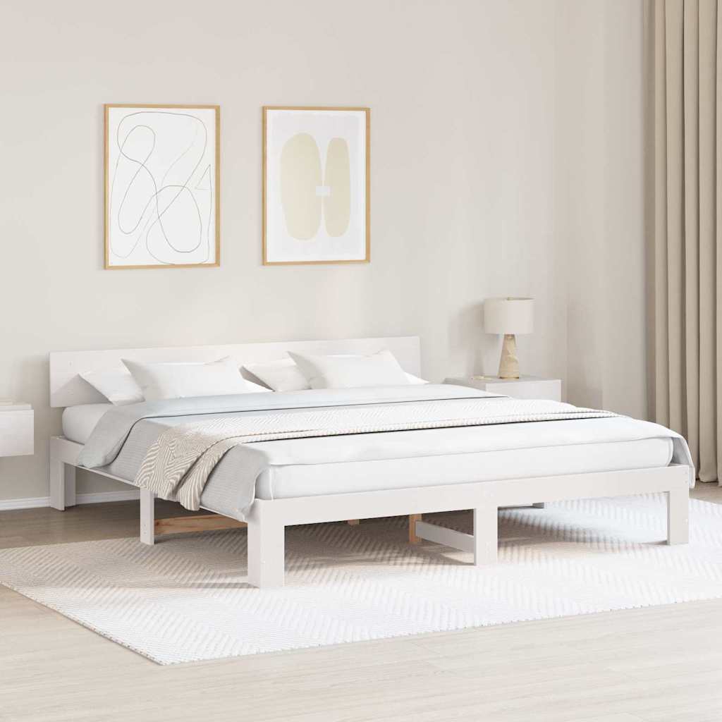 vidaXL Ramka łóżka Z zagłówkiem Biały 200 x 200 cm Lite drewno sosnowe