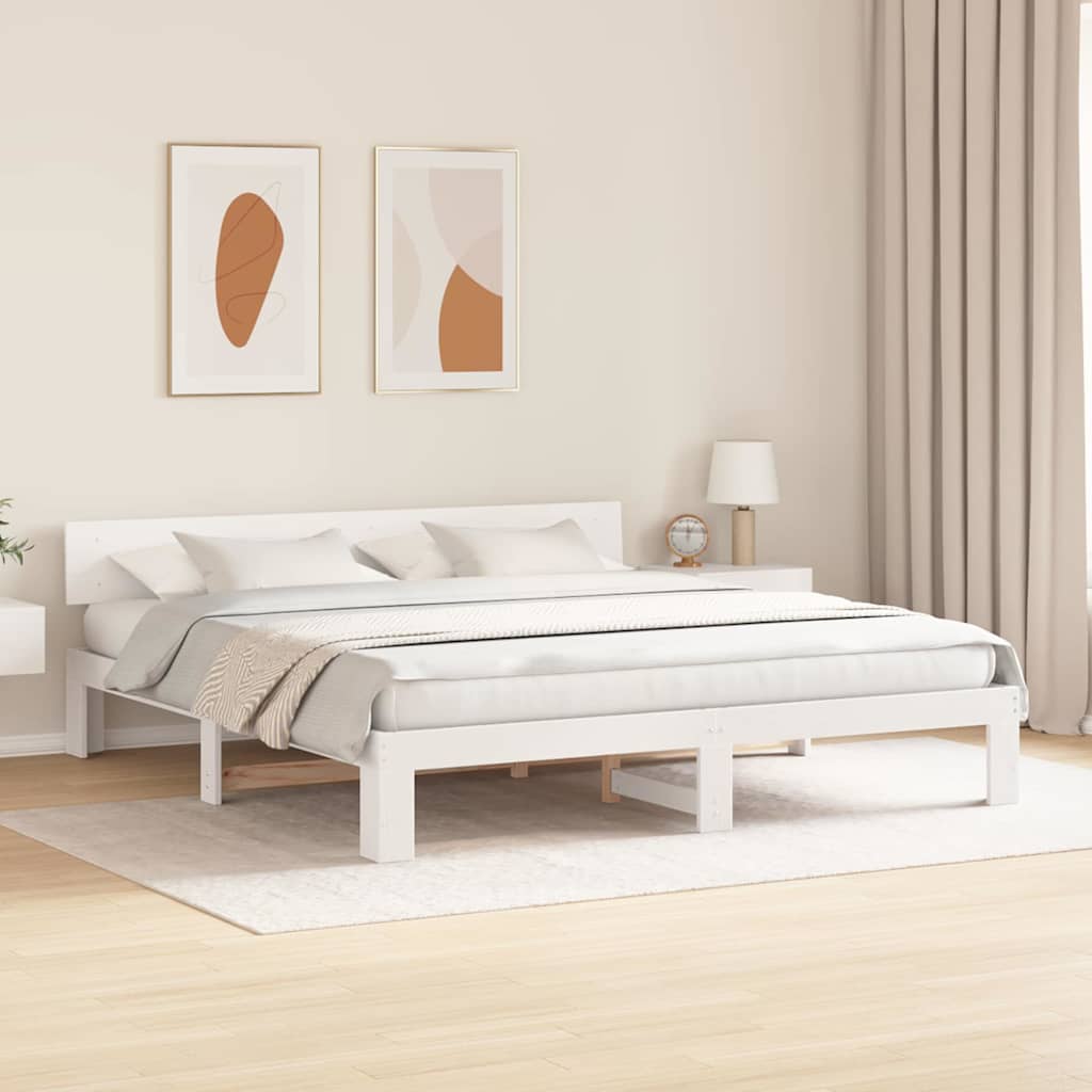 vidaXL Ramka łóżka Z zagłówkiem Biały 200 x 200 cm Lite drewno sosnowe