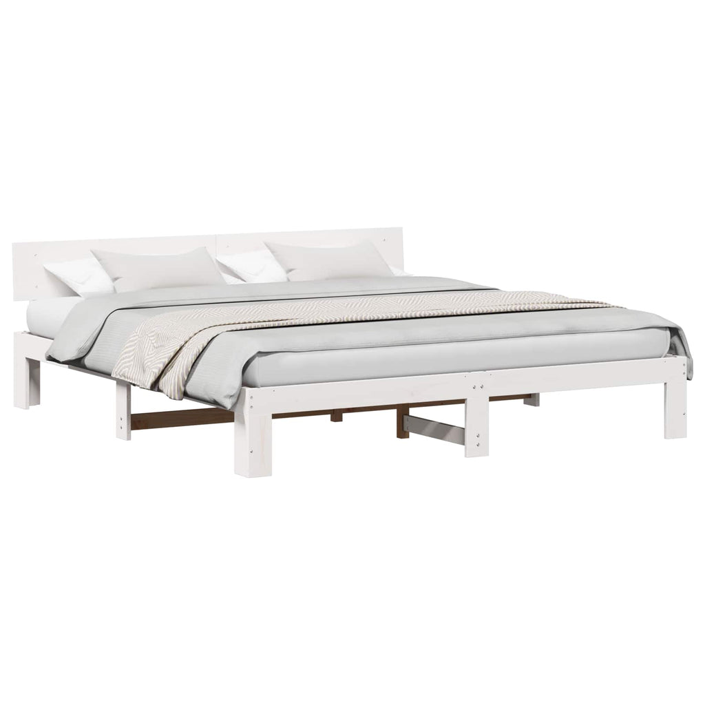 vidaXL Ramka łóżka Z zagłówkiem Biały 200 x 200 cm Lite drewno sosnowe