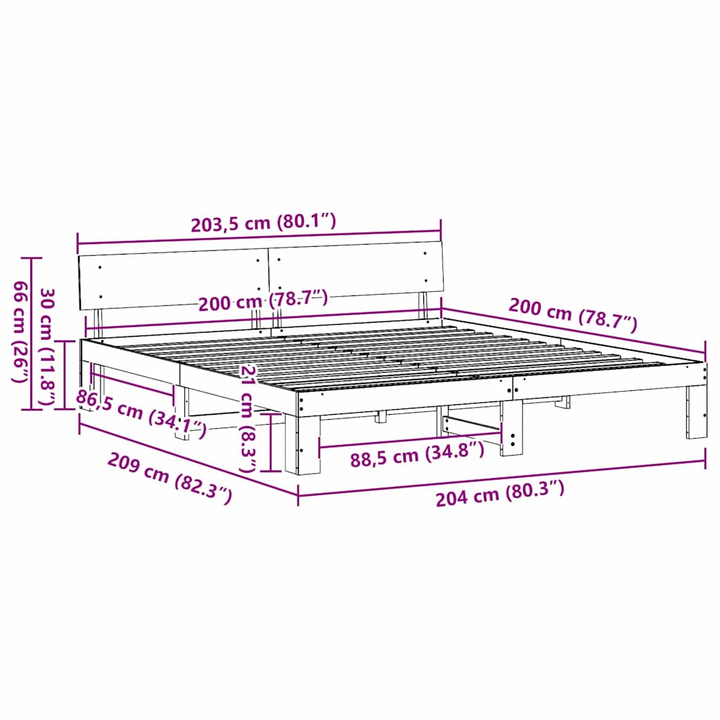 vidaXL Ramka łóżka Z zagłówkiem Biały 200 x 200 cm Lite drewno sosnowe