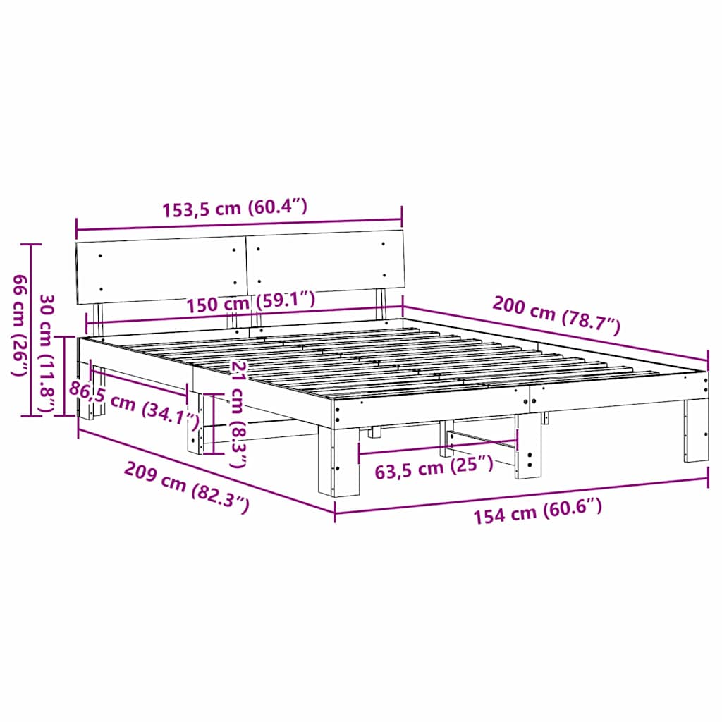 vidaXL Ramka łóżka Naturalny 150 x 200 cm Lite drewno sosnowe