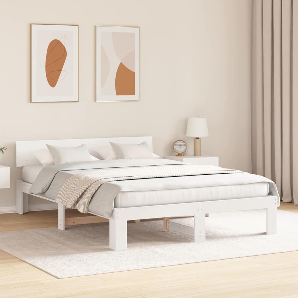 vidaXL Ramka łóżka Z zagłówkiem Biały 150 x 200 cm Lite drewno sosnowe
