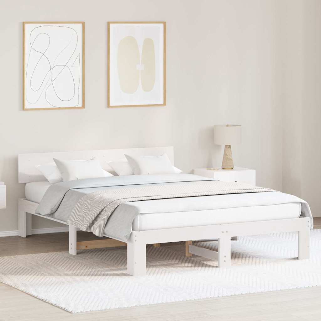 vidaXL Ramka łóżka Z zagłówkiem Biały 140 x 200 cm Lite drewno sosnowe