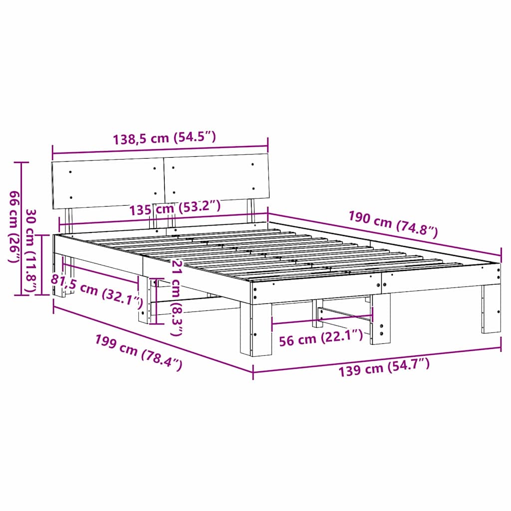 vidaXL Ramka łóżka Naturalny 135 x 190 cm Lite drewno sosnowe