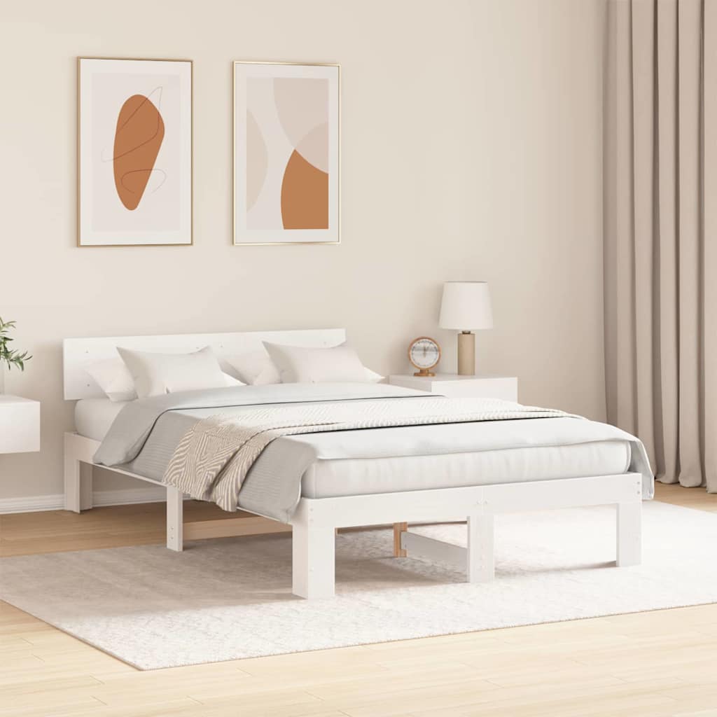 vidaXL Ramka łóżka Z zagłówkiem Biały 135 x 190 cm Lite drewno sosnowe