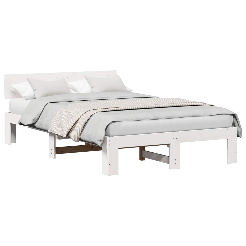 vidaXL Ramka łóżka Z zagłówkiem Biały 135 x 190 cm Lite drewno sosnowe