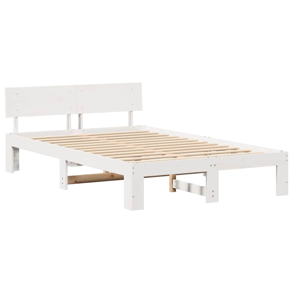 vidaXL Ramka łóżka Z zagłówkiem Biały 135 x 190 cm Lite drewno sosnowe