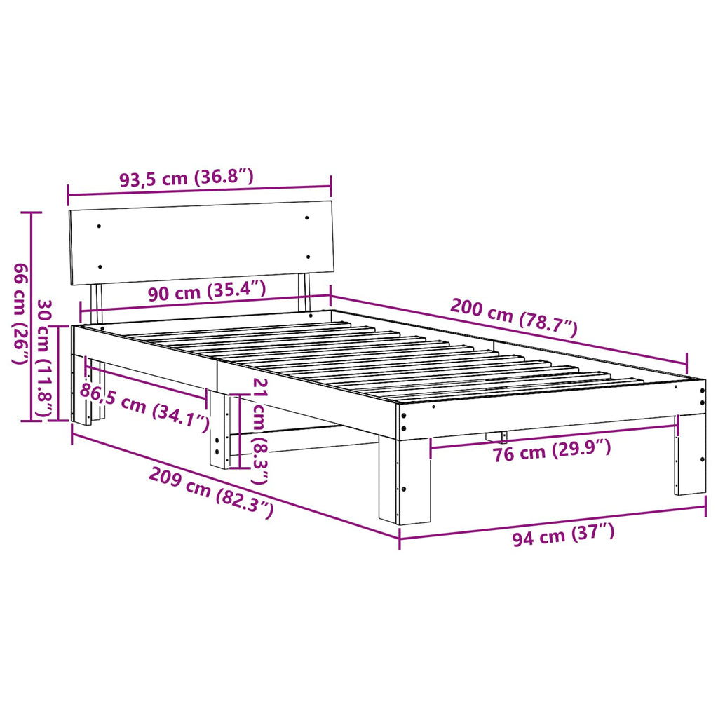 vidaXL Ramka łóżka Naturalny 90 x 200 cm Lite drewno sosnowe