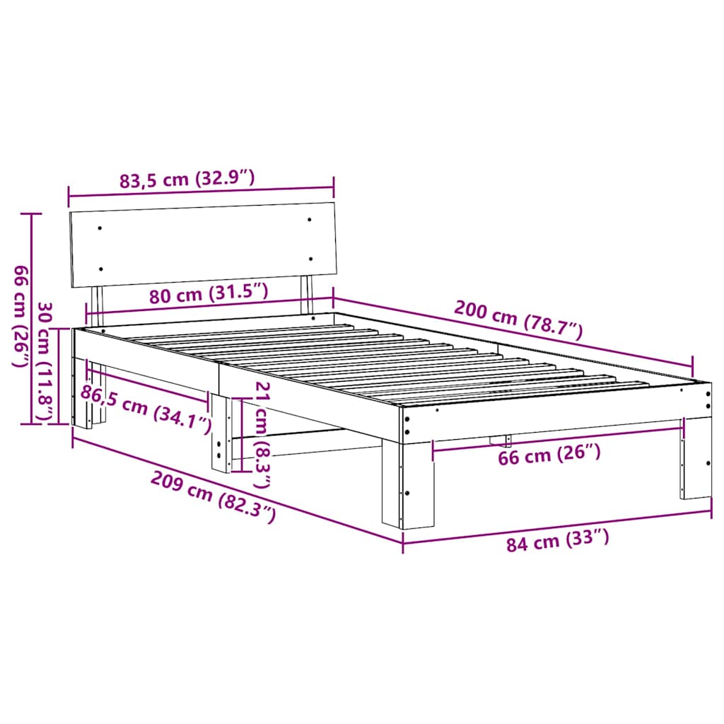 vidaXL Ramka łóżka Z zagłówkiem Biały 80 x 200 cm Lite drewno sosnowe