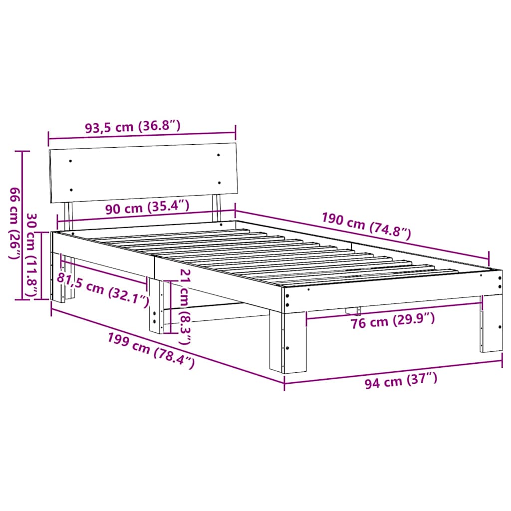vidaXL Ramka łóżka Woskowy Brąz 90 x 190 cm Lite drewno sosnowe