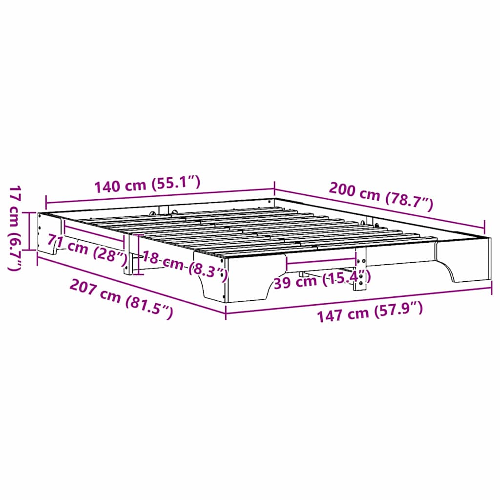 vidaXL Ramka łóżka Woskowy Brąz 140 x 200 cm Lite drewno sosnowe