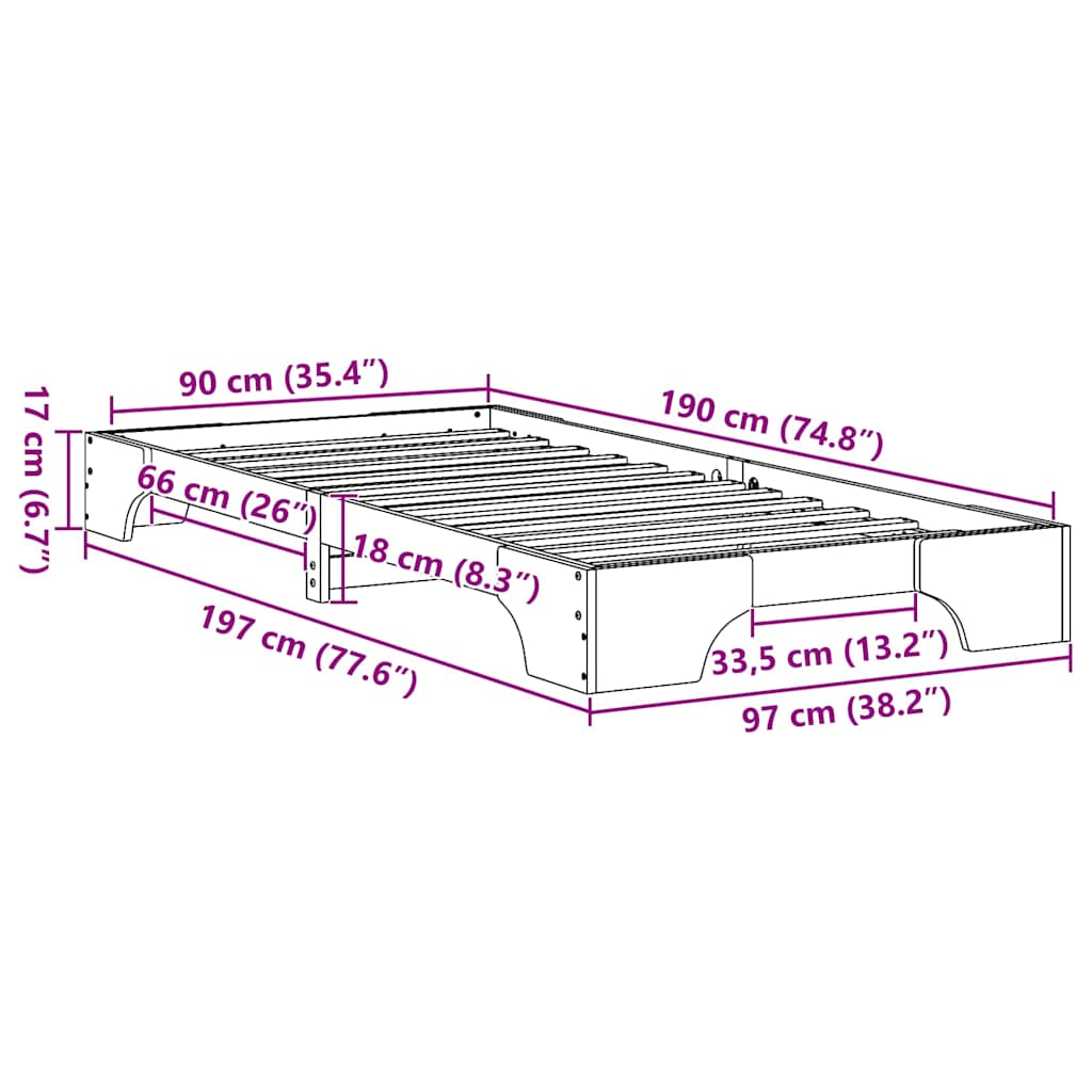 vidaXL Ramka łóżka Naturalny 90 x 190 cm Lite drewno sosnowe