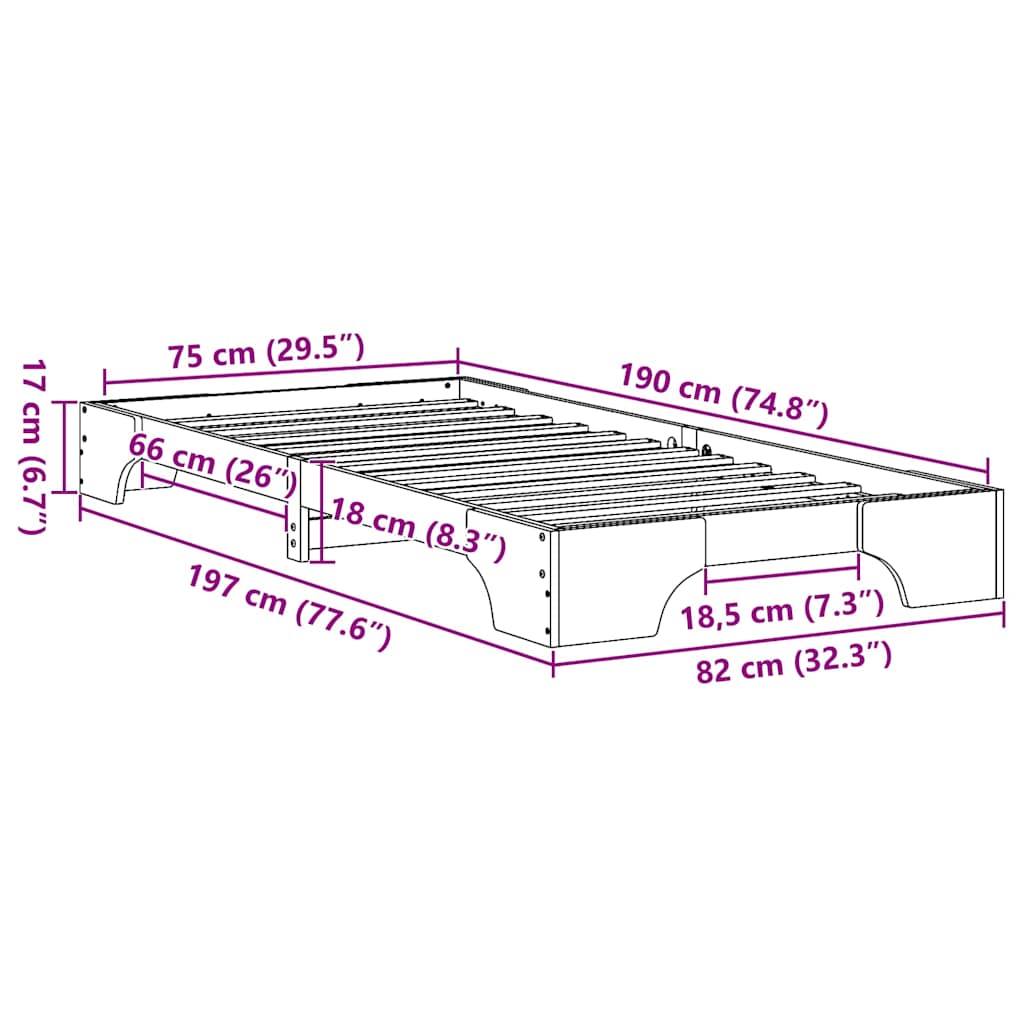 vidaXL Ramka łóżka Biały 75 x 190 cm Lite drewno sosnowe
