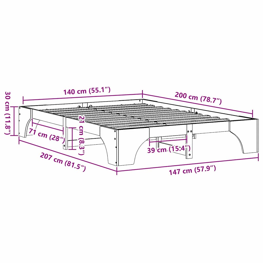 vidaXL Ramka łóżka Woskowy Brąz 140 x 200 cm Lite drewno sosnowe