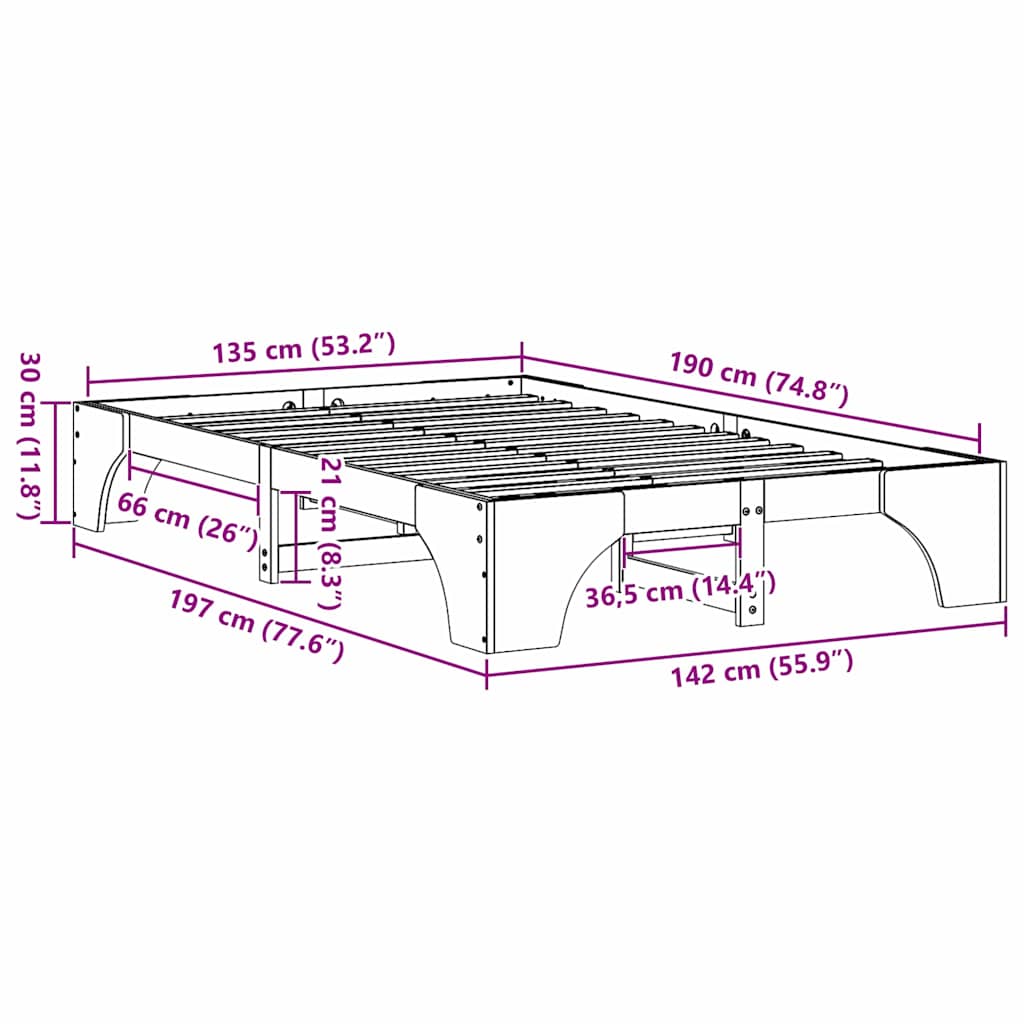 vidaXL Ramka łóżka Naturalny 135 x 190 cm Lite drewno sosnowe