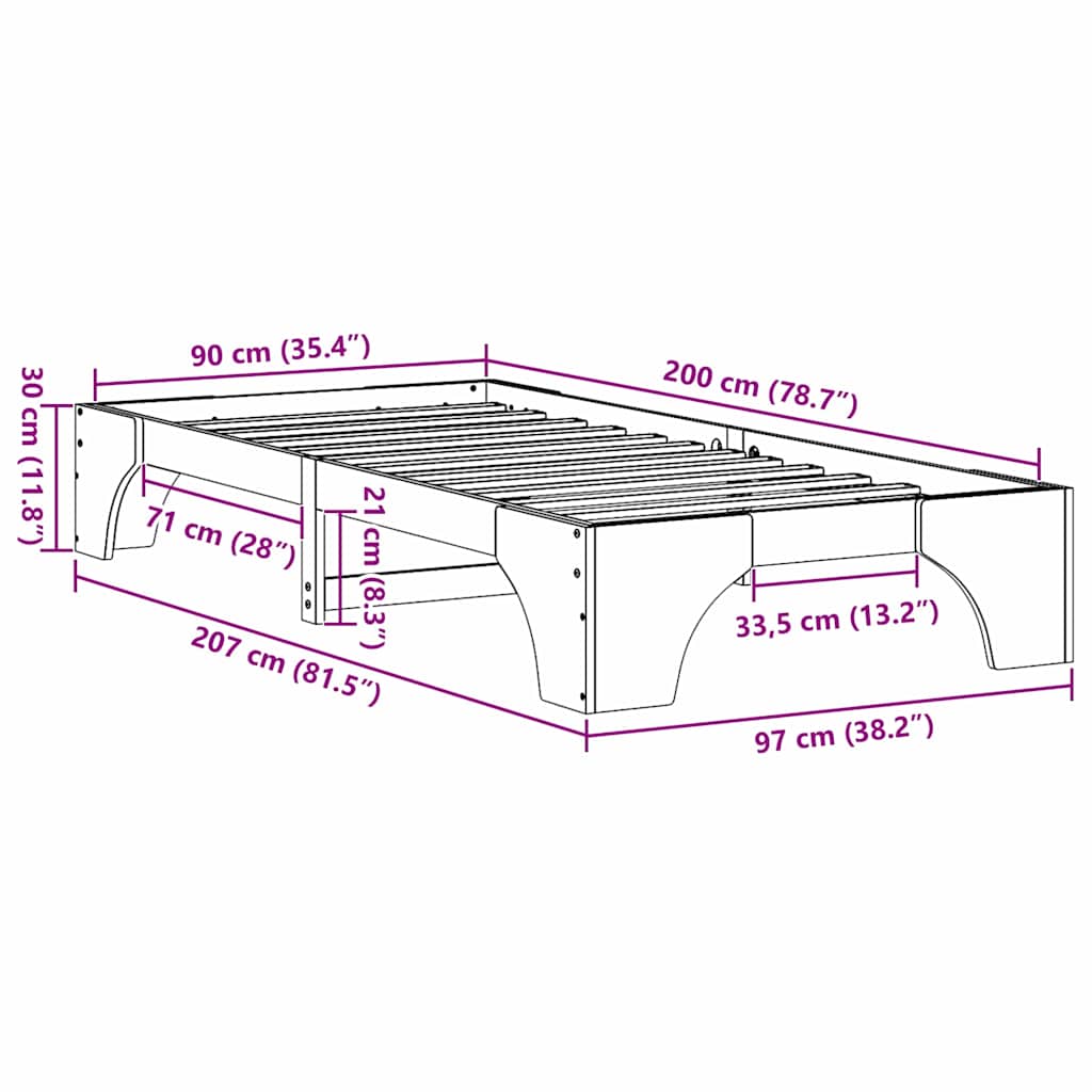 vidaXL Ramka łóżka Naturalny 90 x 200 cm Lite drewno sosnowe