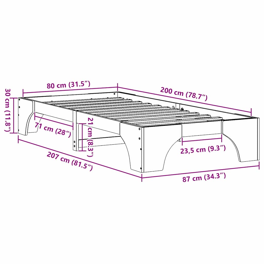 vidaXL Ramka łóżka Naturalny 80 x 200 cm Lite drewno sosnowe