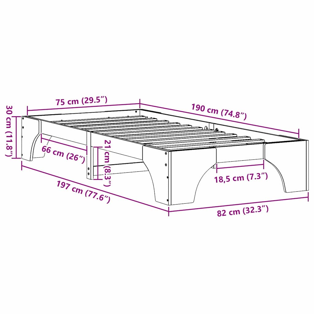 vidaXL Ramka łóżka Naturalny 75 x 190 cm Lite drewno sosnowe