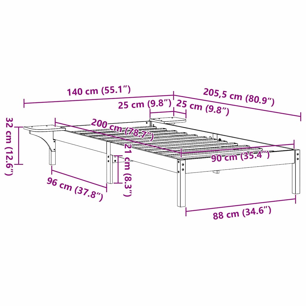 vidaXL Ramka łóżka Naturalny 90 x 200 cm Lite drewno sosnowe