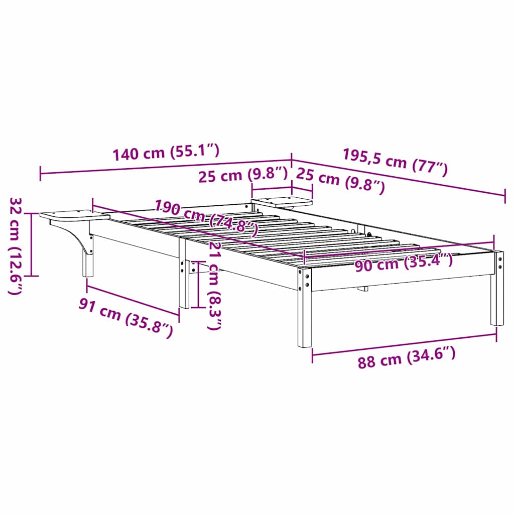 vidaXL Ramka łóżka Naturalny 90 x 190 cm Lite drewno sosnowe