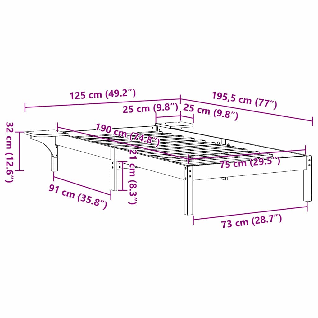 vidaXL Ramka łóżka Naturalny 75 x 190 cm Lite drewno sosnowe