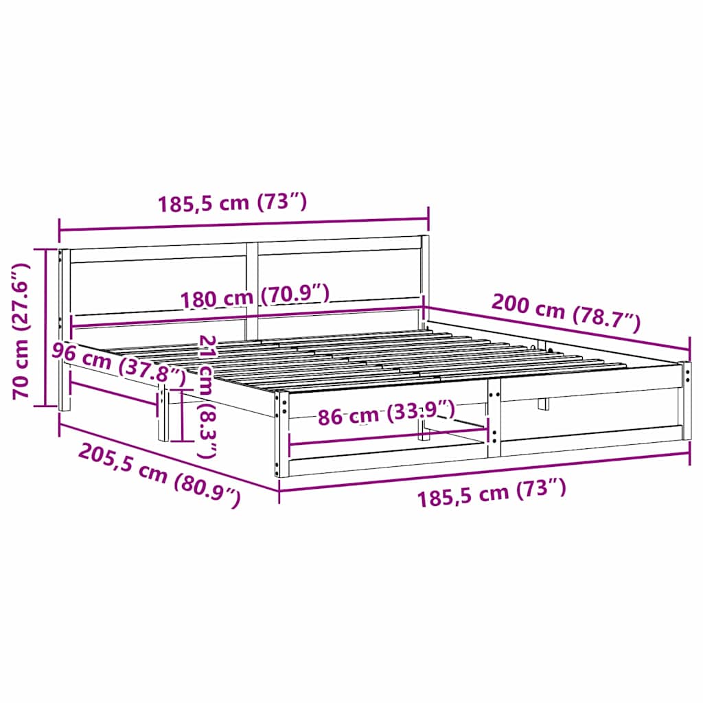 vidaXL Ramka łóżka Naturalny 180 x 200 cm Lite drewno sosnowe
