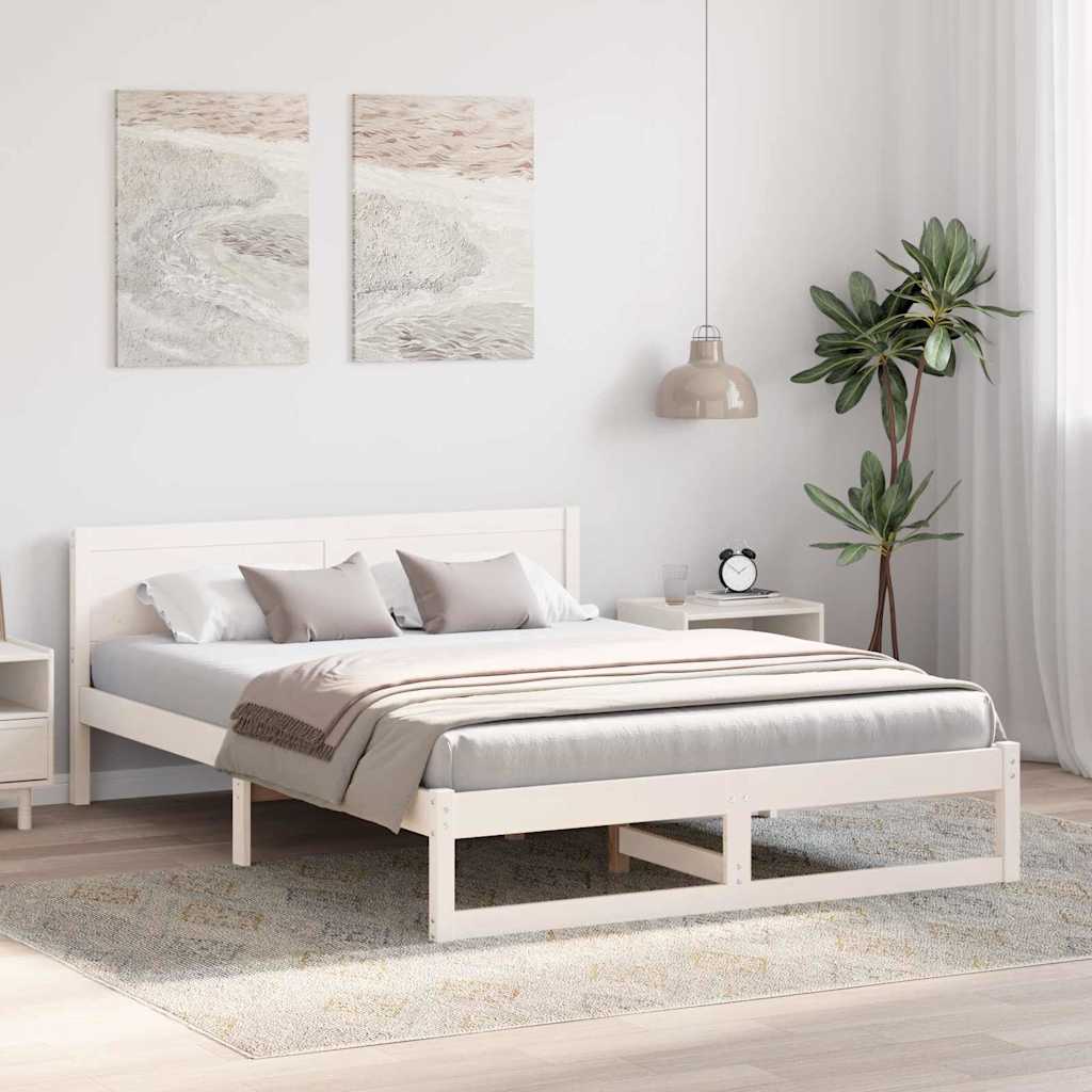 vidaXL Ramka łóżka Z zagłówkiem Biały 150 x 200 cm Lite drewno sosnowe