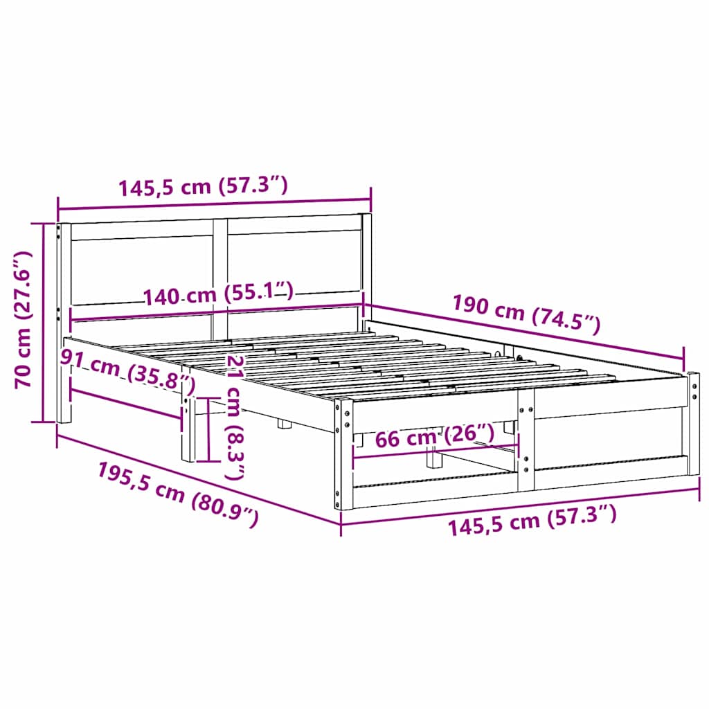 vidaXL Ramka łóżka Z zagłówkiem Biały 140 x 190 cm Lite drewno sosnowe