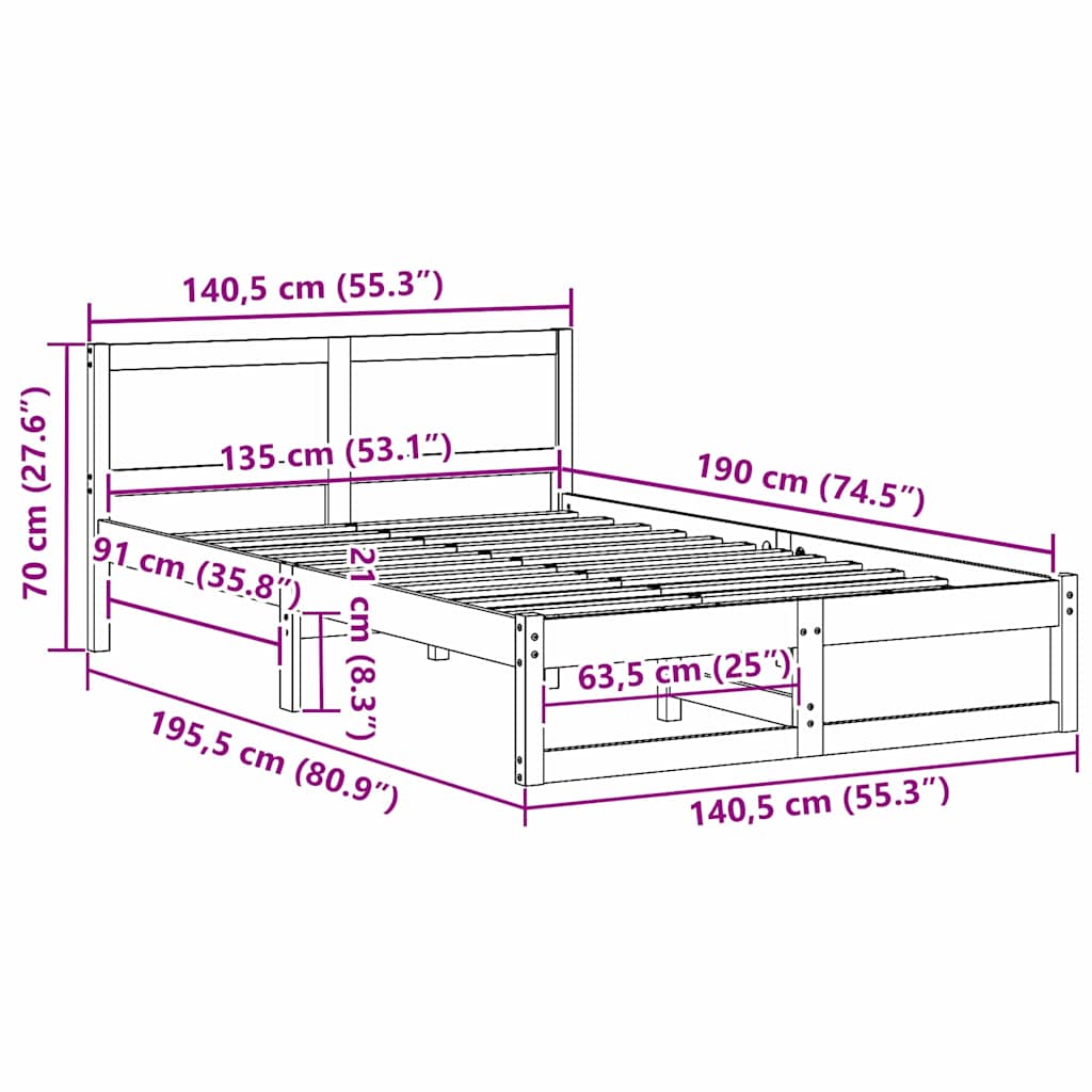 vidaXL Ramka łóżka Woskowy Brąz 135 x 190 cm Lite drewno sosnowe