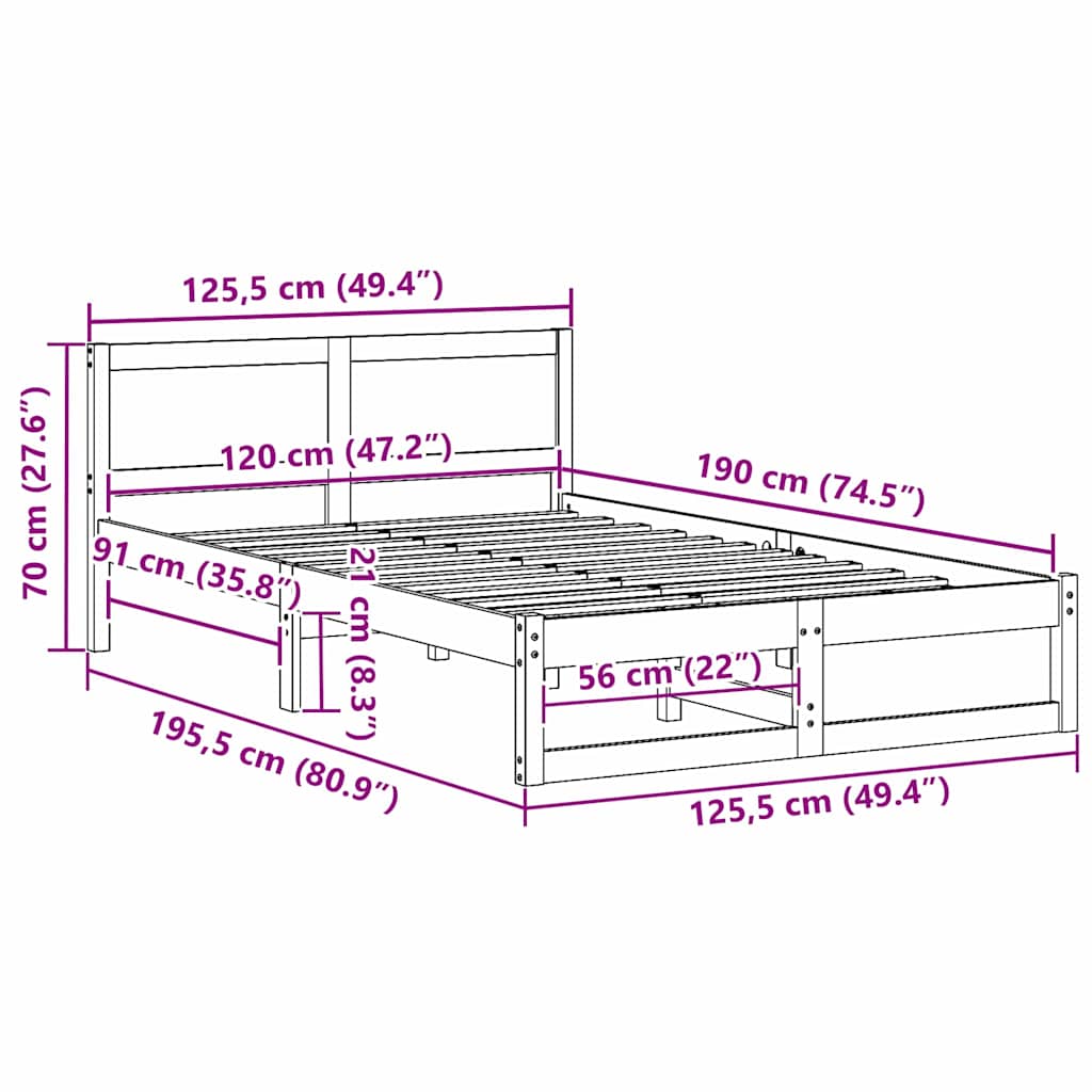vidaXL Ramka łóżka Naturalny 120 x 190 cm Lite drewno sosnowe