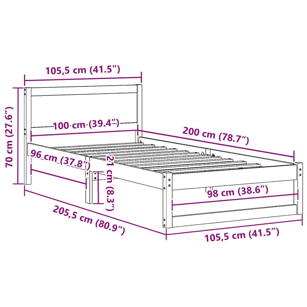 vidaXL Ramka łóżka Naturalny 100 x 200 cm Lite drewno sosnowe