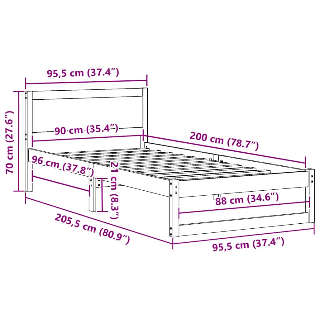 vidaXL Ramka łóżka Woskowy Brąz 90 x 200 cm Lite drewno sosnowe