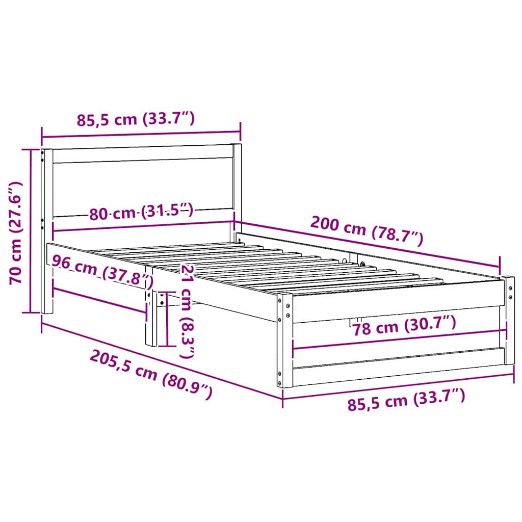 vidaXL Ramka łóżka Z zagłówkiem Biały 80 x 200 cm Lite drewno sosnowe