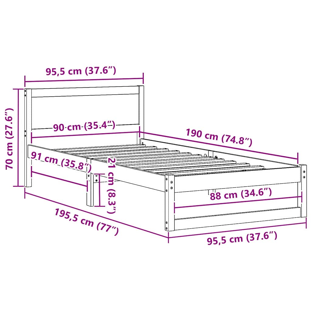 vidaXL Ramka łóżka Woskowy Brąz 90 x 190 cm Lite drewno sosnowe