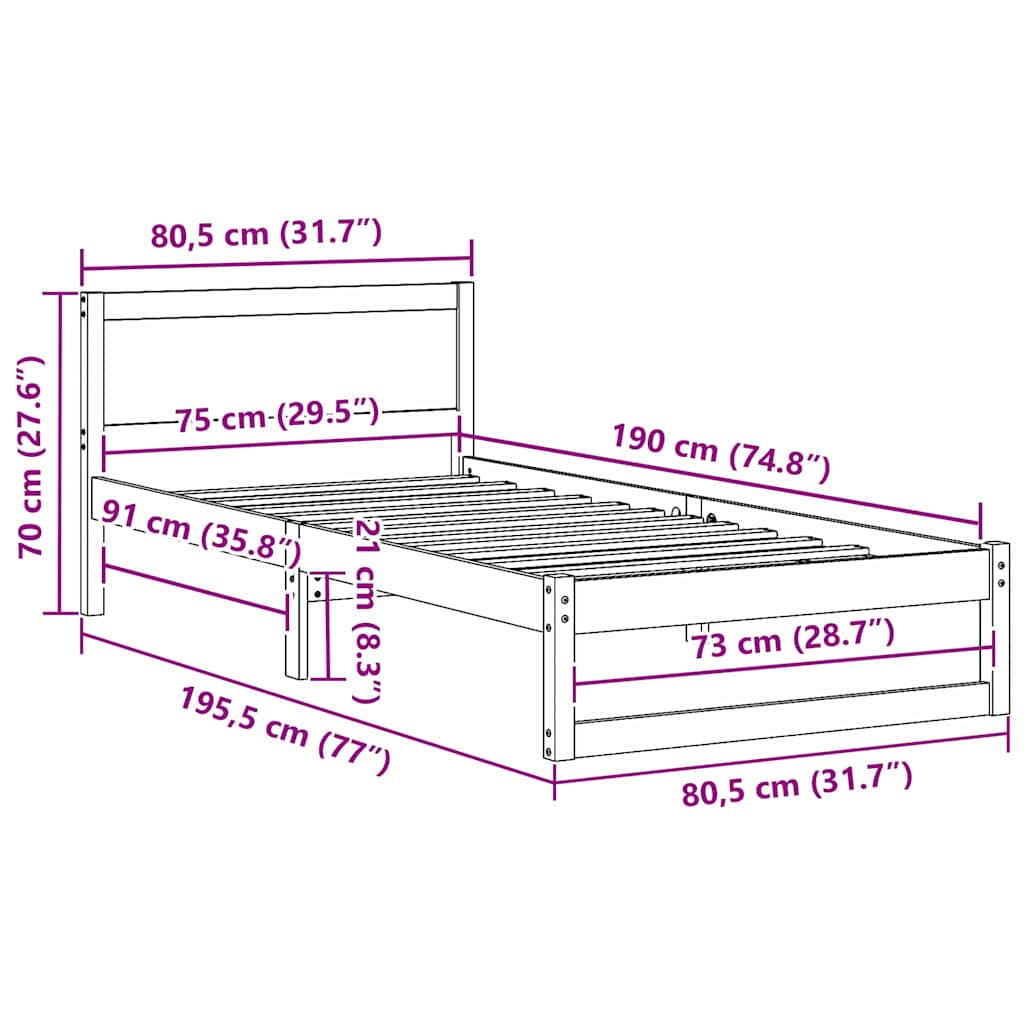 vidaXL Ramka łóżka Z zagłówkiem Biały 75 x 190 cm Lite drewno sosnowe