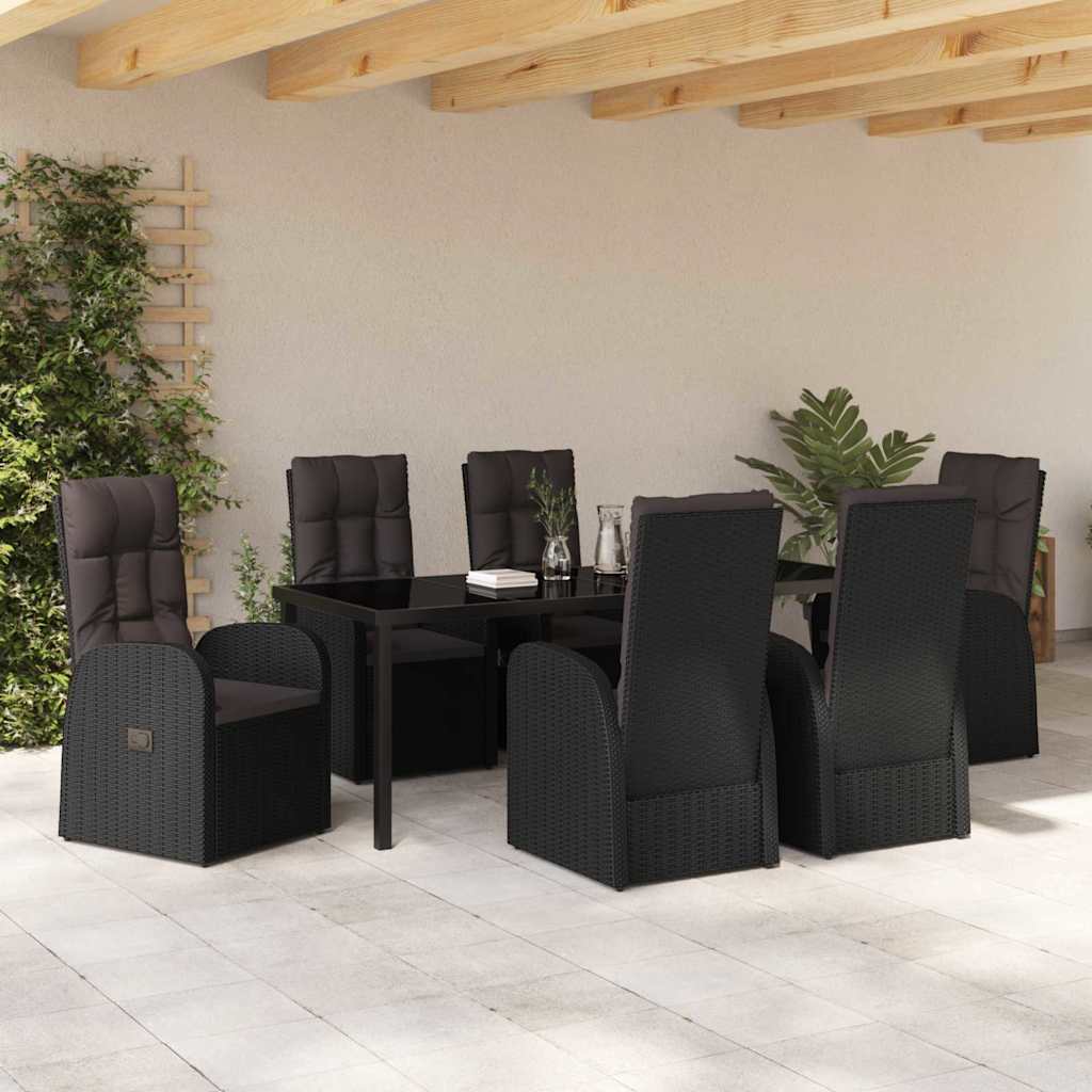 vidaXL Zestaw do jadalni w ogrodzie z poduszką 7 pcs Czarny polirattan