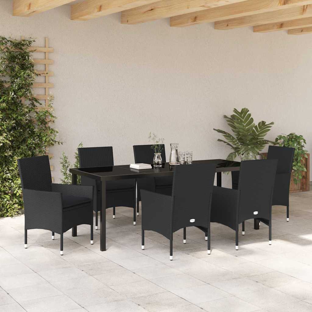 vidaXL Zestaw do jadalni w ogrodzie z poduszką 7 pcs Czarny polirattan